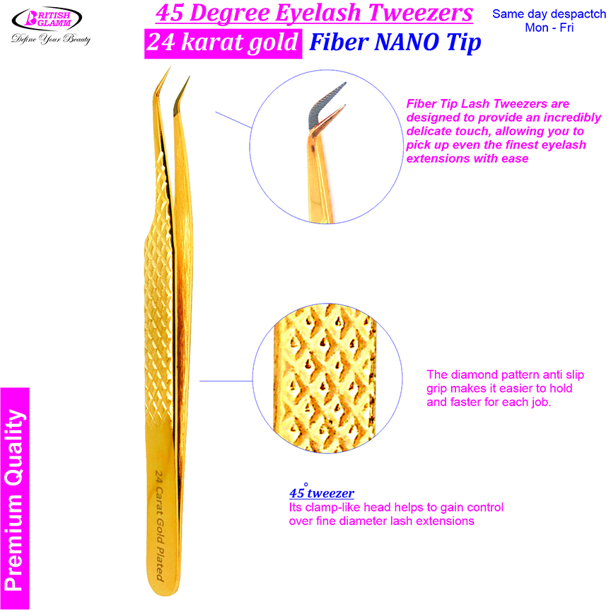 45 Degree and 90 Degree Eyelash Tweezers Fiber Tip 24K Gold